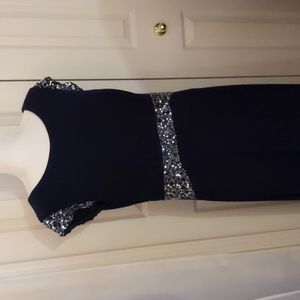 Alex Evenings Formal Gown Deep Blue Beaded& Sequined Cap Sleeves& Waist Size 16